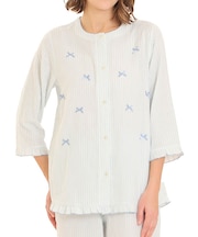 ダブルガーゼシンプルストライプリボンパジャマ 上下セット ルームウェア 部屋着 綿100％ お肌に優しい やわらか 着心地がいい ストライプ ベーシック 上品 かわいい 大人可愛い おしゃれ