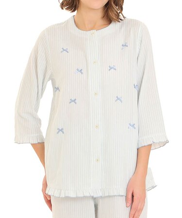 ダブルガーゼシンプルストライプリボンパジャマ 上下セット ルームウェア 部屋着 綿100% お肌に優しい やわらか 着心地がいい ストライプ ベーシック 上品 かわいい 大人可愛い おしゃれ