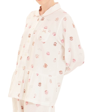 ダブルガーゼマカロンシャツパジャマ 上下セット ルームウェア 部屋着 綿100% お肌に優しい やわらか 着心地がいい スイーツ柄 お菓子 上品 かわいい 大人可愛い おしゃれ