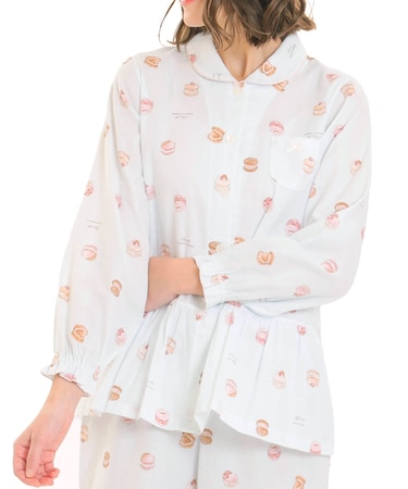 ダブルガーゼマカロンシャツパジャマ 上下セット ルームウェア 部屋着 綿100％ お肌に優しい やわらか 着心地がいい スイーツ柄 お菓子 上品 かわいい 大人可愛い おしゃれ