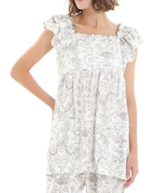 コットン天竺トワルドジュイフリルセットアップ パジャマ 上下セット 部屋着 ルームウェア 大人かわいい おしゃれ フリル袖 パット付き 着心地がいい やわらか 軽やか お肌に優しい 綿100％