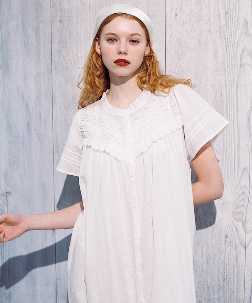 コットンカットドビーフリルワンピース ネグリジェ ルームドレス ルームウェア 部屋着 フリル ロマンティック 大人かわいい おしゃれ 上品 綿100％ お肌に優しい 着心地がいい