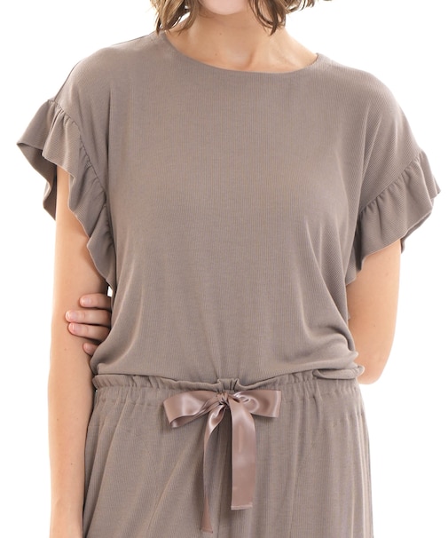 接触冷感リブニットドロップショルダーセットアップ 上下セット パジャマ 部屋着 ルームウェア 無地 シンプル 旅行 シワになりにくい 着心地がいい やわらか 楽ちん 涼しい 大人かわいい おしゃれ