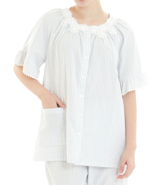 コットンダブルガーゼストライプレーシーパジャマ 上下セット 部屋着 ルームウェア ストライプ さわやか 着心地がいい やわらか 軽やか お肌に優しい 綿100％ 大人かわいい お花のレース