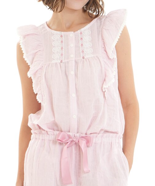 シャーリング表ジャガードストライプ＆シャンブレーフリルパジャマ 上下セット 部屋着 ルームウェア ギンガムチェック ストライプ 無地 さわやか 着心地がいい やわらか 軽やか お肌に優しい 綿素材 大人かわいい フリル おしゃれ