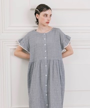 シャーリング表ジャガードストライプ＆シャンブレーワンピース ネグリジェ 部屋着 ルームウェア ギンガムチェック ストライプ 無地 さわやか 着心地がいい やわらか 軽やか お肌に優しい 綿素材 大人かわいい フレンチスリーブ