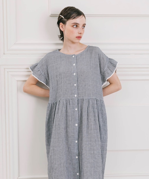 シャーリング表ジャガードストライプ＆シャンブレーワンピース ネグリジェ 部屋着 ルームウェア ギンガムチェック ストライプ 無地 さわやか 着心地がいい やわらか 軽やか お肌に優しい 綿素材 大人かわいい フレンチスリーブ