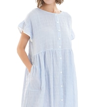 シャーリング表ジャガードストライプ＆シャンブレーワンピース ネグリジェ 部屋着 ルームウェア ギンガムチェック ストライプ 無地 さわやか 着心地がいい やわらか 軽やか お肌に優しい 綿素材 大人かわいい フレンチスリーブ