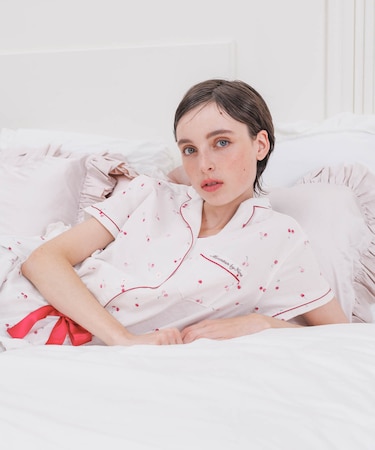 コットンダブルガーゼプティチェリーショートパンツパジャマ 上下セット ルームウェア 部屋着 さくらんぼ 大人かわいい 上品 綿100％ お肌に優しい 着心地がいい