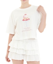 コットン天竺チェリースイーツショートパンツセット 上下セット パジャマ ルームウェア 部屋着 Tシャツ フリル 大人かわいい ガーリー 上品 綿100％ お肌に優しい 着心地がいい