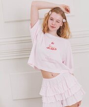コットン天竺チェリースイーツショートパンツセット 上下セット パジャマ ルームウェア 部屋着 Tシャツ フリル 大人かわいい ガーリー 上品 綿100％ お肌に優しい 着心地がいい