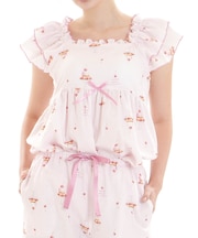 コットンダブルガーゼチェリースイーツフリルパジャマ 上下セット ルームウェア 部屋着 パット付き 大人かわいい 上品 綿100％ お肌に優しい 着心地がいい