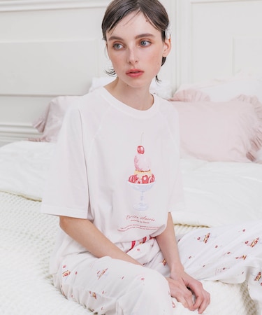 コットンダブルガーゼチェリースイーツセットアップ パジャマ 上下セット ルームウェア 部屋着 Tシャツ 大人かわいい 楽ちん 綿100％ お肌に優しい 着心地がいい