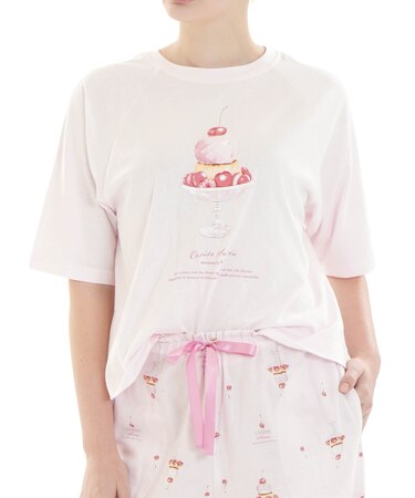 コットンダブルガーゼチェリースイーツセットアップ パジャマ 上下セット ルームウェア 部屋着 Tシャツ 大人かわいい 楽ちん 綿100％ お肌に優しい 着心地がいい