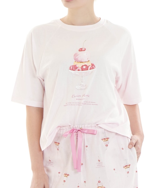 コットンダブルガーゼチェリースイーツセットアップ パジャマ 上下セット ルームウェア 部屋着 Tシャツ 大人かわいい 楽ちん 綿100％ お肌に優しい 着心地がいい