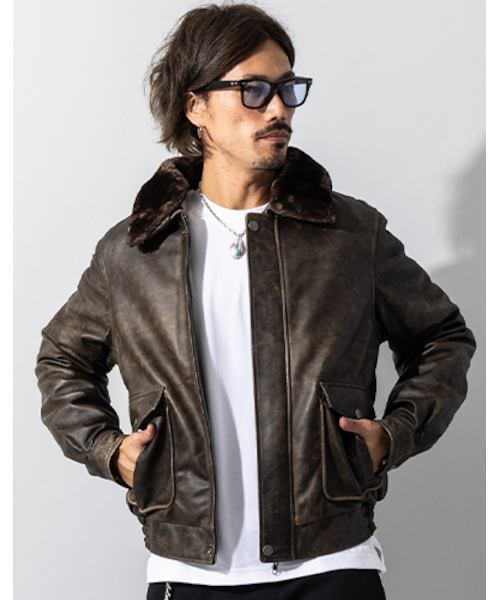 本革 襟ボアレザーブルゾン ボンバージャケット メンズ リューグー