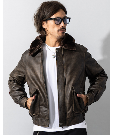 本革 襟ボアレザーブルゾン ボンバージャケット メンズ リューグー WNG09A