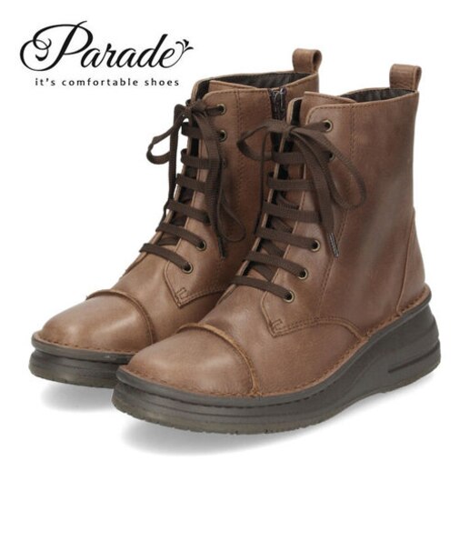 レースアップブーツ レディース 本革 ショート丈 幅広 4E ウエッジソール 靴 ブーツ 革靴 9957 Parade ダークブラウン ブラック 編み上げブーツ ファスナー付き