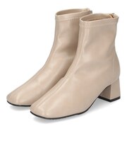  レディース ショート ヒール スクエアトゥ ストレッチ 走れる 歩きやすい 5050 黒 ブラック ストレッチブーツ Parade 5cmヒール 美脚 足長効果 太めヒール