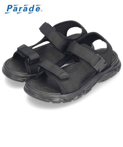 メンズ サンダル カジュアル 黒 かかと付き スポーツサンダル 軽量 歩きやすい 面ファスナー 調節可能 ブラック カーキ パレード 52101 Parade