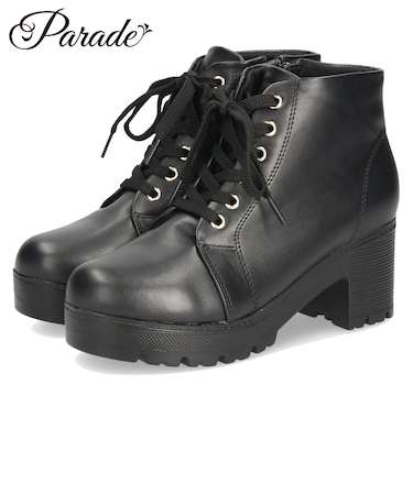 レディース ブーツ 黒 レースアップ 厚底 ファスナー付き ショートブーツ 靴 ブラック 7826 Parade