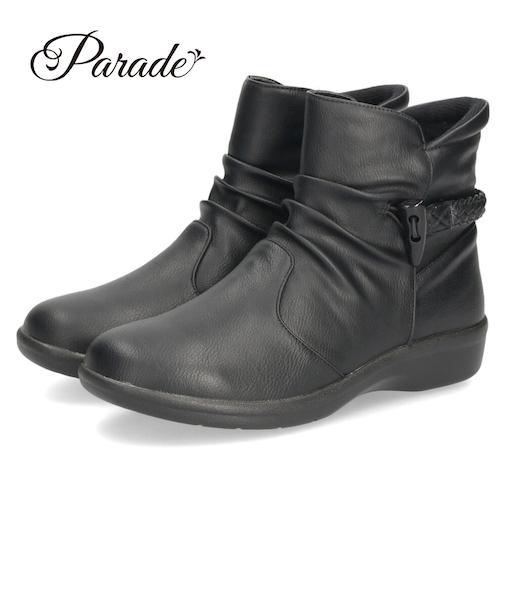 ショートブーツ レディース ブーツ 防水 防寒 幅広 4E ゆったり 黒 ブラック 晴雨兼用 履きやすい 柔らかい ローヒール Parade パレード 52907