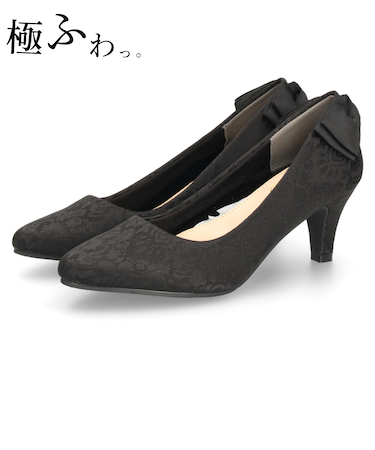 結婚式 パンプス 疲れない 太ヒール 靴 バックリボン  6センチヒール ベージュ ブラック 黒 お呼ばれ 極ふわっ Parade 18161