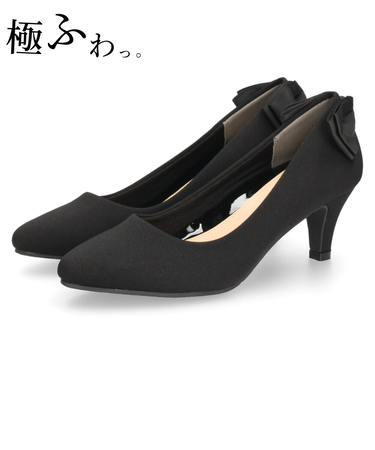 結婚式 パンプス 疲れない 太ヒール 靴 バックリボン  6センチヒール ベージュ ブラック 黒 お呼ばれ 極ふわっ Parade 18161