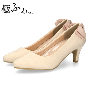 結婚式 パンプス 疲れない 太ヒール 靴 バックリボン  6センチヒール ベージュ ブラック 黒 お呼ばれ 極ふわっ Parade 18161