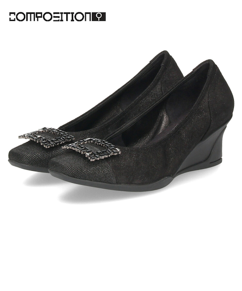 パンプス 黒 レディース おしゃれ ブラック エレガント 靴 スクエアトゥ ウェッジソール コンポジションナイン ビジュー チェーン コンフォートパンプス 3095 COMPOSITION9 パンプス 黒 レディース 靴 スクエアトゥ ウェッジソール コン