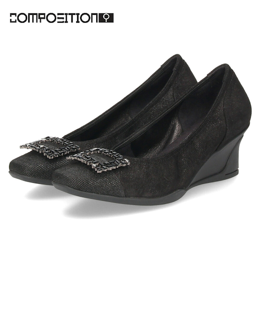 パンプス 黒 レディース 靴 スクエアトゥ ウェッジソール コンポジションナイン ビジュー バックル コンフォートパンプス 3092 COMPOSITION9