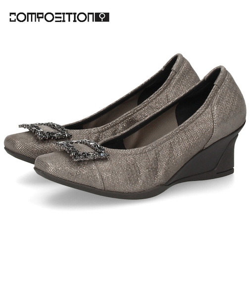 パンプス 黒 レディース 靴 スクエアトゥ ウェッジソール コンポジションナイン ビジュー バックル コンフォートパンプス 3092 COMPOSITION9