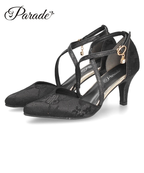 パンプス 結婚式 オケージョン ストラップ ハイヒール 7cmヒール レース ラメ ポインテッドトゥ お呼ばれ 二次会 パーティ 61118 Parade