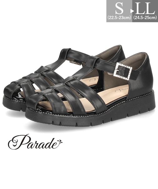 サンダル レディース ラインストーン グルカサンダル 幅広 3E 耐滑 歩きやすい 厚底 エレカワ 黒 ブラック アイボリー Parade パレード 7651