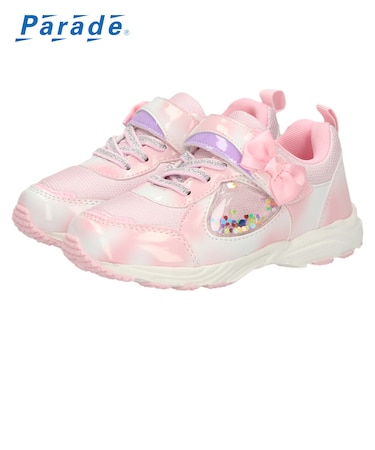キッズ スニーカー 女の子 かわいい キラキラ リボン 子供靴 ジュニア 軽量 幅広 3E ベルクロ ゴム紐 ハート スパンコール 66102 Parade