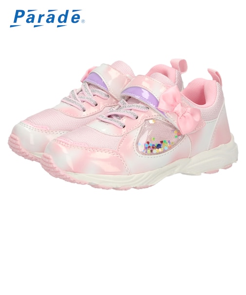 キッズ スニーカー 女の子 かわいい キラキラ リボン 子供靴 ジュニア 軽量 幅広 3E ベルクロ ゴム紐 ハート スパンコール 66102 Parade