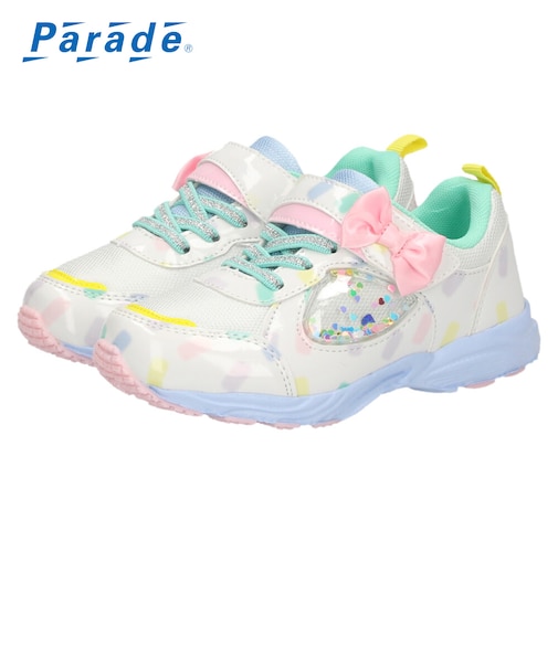 キッズ スニーカー 女の子 かわいい キラキラ リボン 子供靴 ジュニア 軽量 幅広 3E ベルクロ ゴム紐 ハート スパンコール 66102 Parade