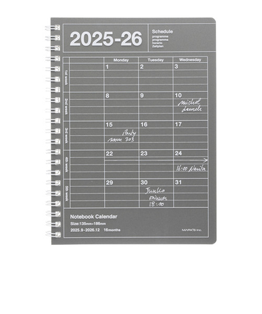 【2025年9月始まり】　マークス（MARK'S）　ノートブックカレンダー　S　縦型　マンスリーブロック　26ADR-NB11-DGY　ダークグレー　月曜始まり