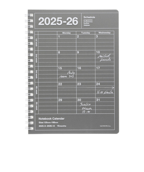 【2025年9月始まり】　マークス（MARK'S）　ノートブックカレンダー　S　縦型　マンスリーブロック　26ADR-NB11-DGY　ダークグレー　月曜始まり
