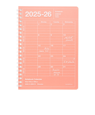 【2025年9月始まり】　マークス（MARK'S）　ノートブックカレンダー　S　縦型　マンスリーブロック　26ADR-NB11-PK　サーモンピンク　月曜始まり