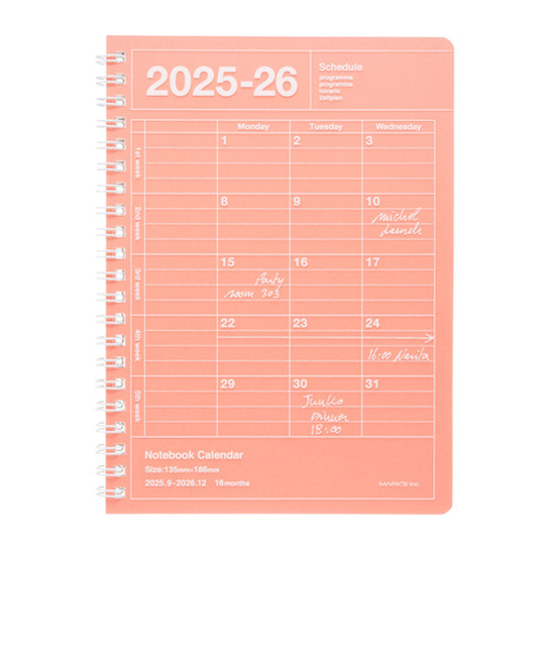 【2025年9月始まり】　マークス（MARK'S）　ノートブックカレンダー　S　縦型　マンスリーブロック　26ADR-NB11-PK　サーモンピンク　月曜始まり