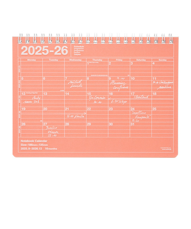 【2025年9月始まり】　マークス（MARK'S）　ノートブックカレンダー　M　マンスリーブロック　26ADR-NB1-PK　サーモンピンク　月曜始まり