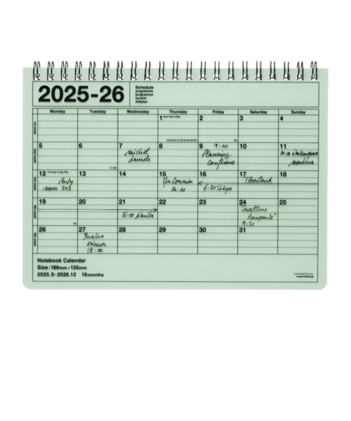 【2025年9月始まり】　マークス（MARK'S）　ノートブックカレンダー　M　マンスリーブロック　26ADR-NB1-IGN　アイスグリーン　月曜始まり