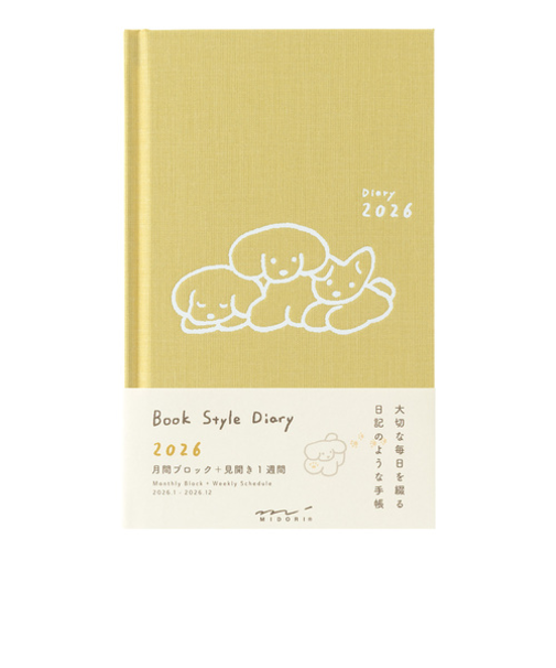 【2026年1月始まり】　ミドリ（MIDORI）　ブックダイアリー　B6変型　ウィークリーホリゾンタル　22379　イヌ柄　黄色　月曜始まり