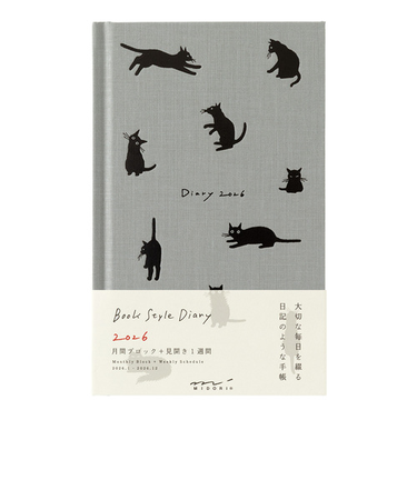 【2026年1月始まり】　ミドリ（MIDORI）　ブックダイアリー　B6変型　ウィークリーホリゾンタル　22377　ネコ柄　グレー　月曜始まり
