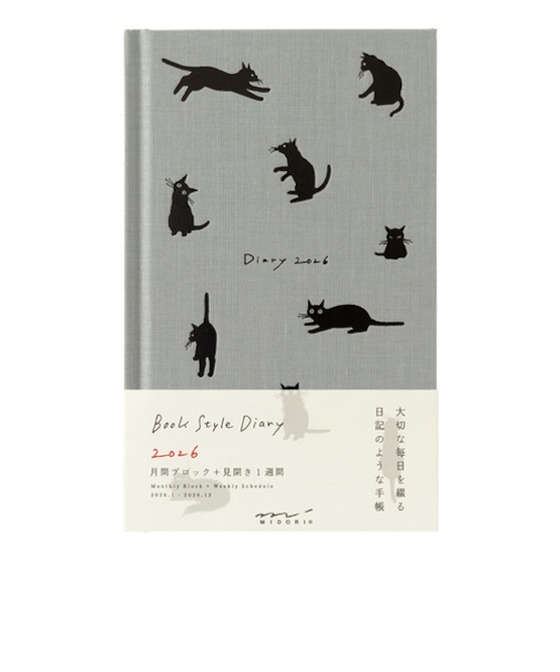 【2026年1月始まり】　ミドリ（MIDORI）　ブックダイアリー　B6変型　ウィークリーホリゾンタル　22377　ネコ柄　グレー　月曜始まり