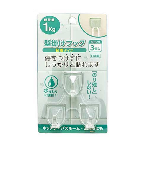 壁掛けフック　粘着タイプS　耐荷重1kg　クリア　3個入り