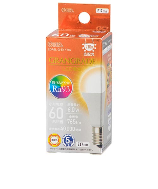 オーム電機　LED電球小形E17　60形相当　電球色　LDA6L-G-E17　RA