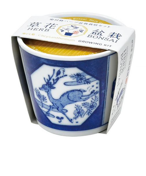 聖新陶芸　染付小紋草加BONSAI　しか／クリサンセマム　GD1022‐3