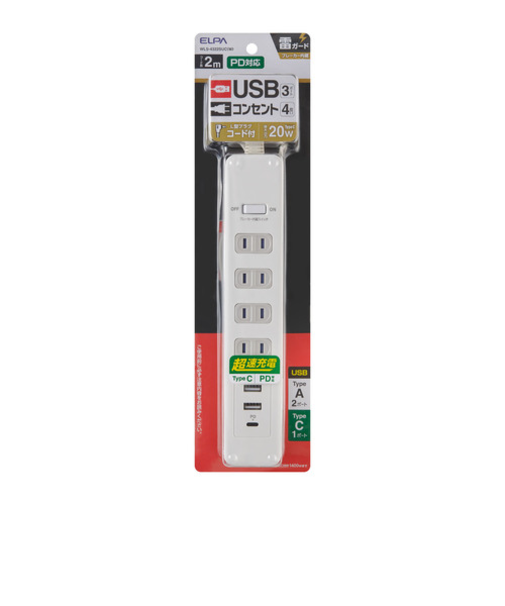 エルパ（ELPA）　集中スイッチ付USBタップPD20W　4個口　WLS－4322SUC　2m　ホワイト